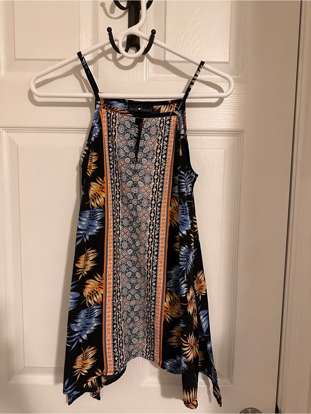 Derek Heart Black Floral Print Tank Top with Blue and Gold Accents